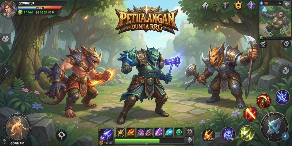 Screenshot gameplay GOWIN789 menampilkan pertarungan epik di dunia fantasi.