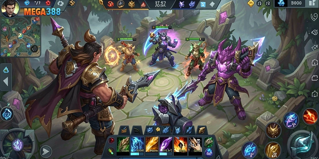 Screenshot gameplay MOBA dengan karakter dan aksi epik di MEGA388.