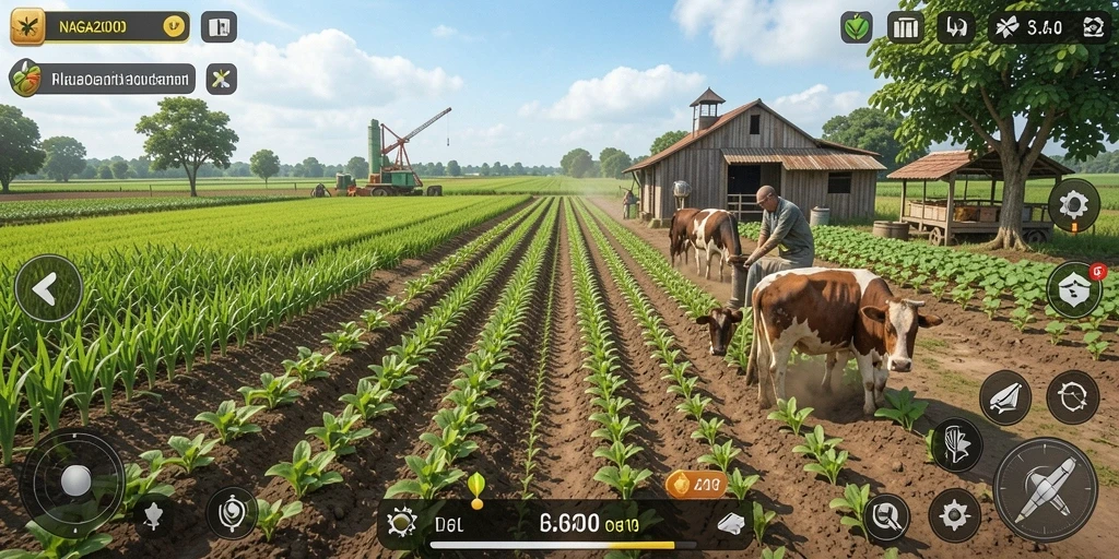 Tampilan gameplay NAGA2000 saat mengolah kebun dan merawat tanaman.
