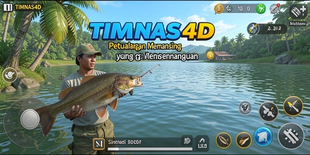 Screenshot permainan TIMNAS4D yang menunjukkan aktivitas memancing yang seru.
