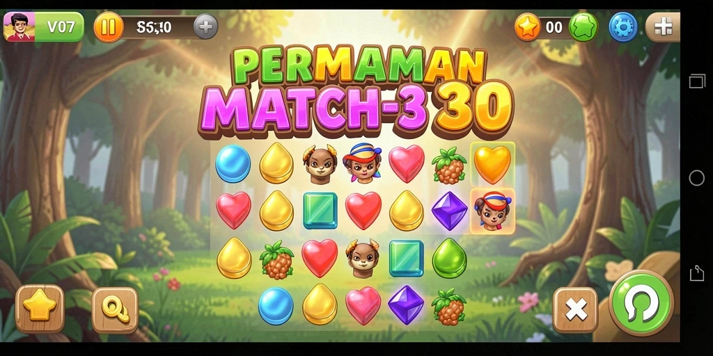 Screenshot V07 menampilkan momen seru gameplay Match-3.