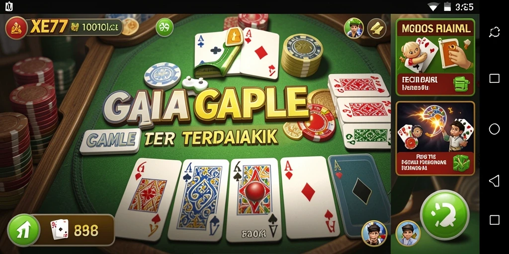 Screenshot utama XE77 menampilkan gameplay Gaple yang seru.